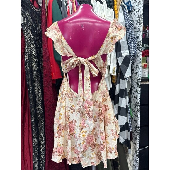F21 Floral Linen Mini Sundress with Ruffle Trap Sleeves and Bow Tie Back size XL - Picture 5 of 8